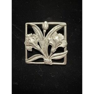 Vintage Seagull Pewter MCM florals Flower Brooch Pin Carnation Art Nouveau